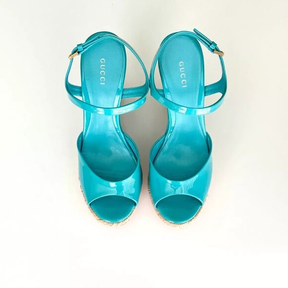 GUCCI Turquoise Patent Leather Espadrille Cork Wedge Sandals Size 38.5 US 8.5 - Picture 3 of 12
